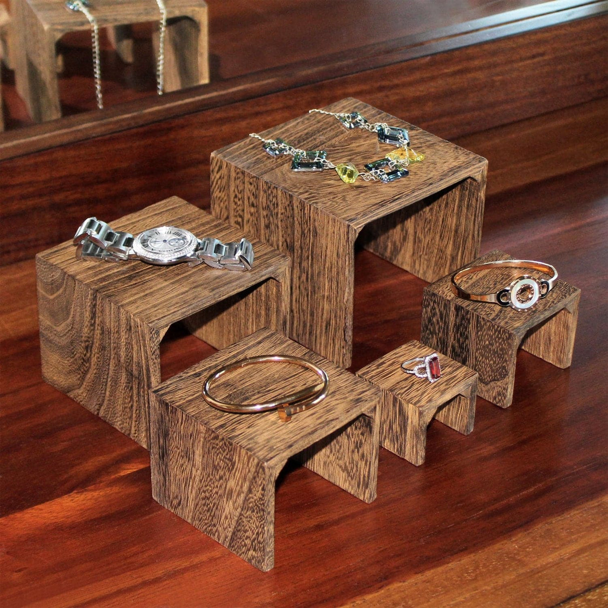 #WD525BR 5 Pieces Wooden Multi Functions Jewelry Display Riser, Brown Color