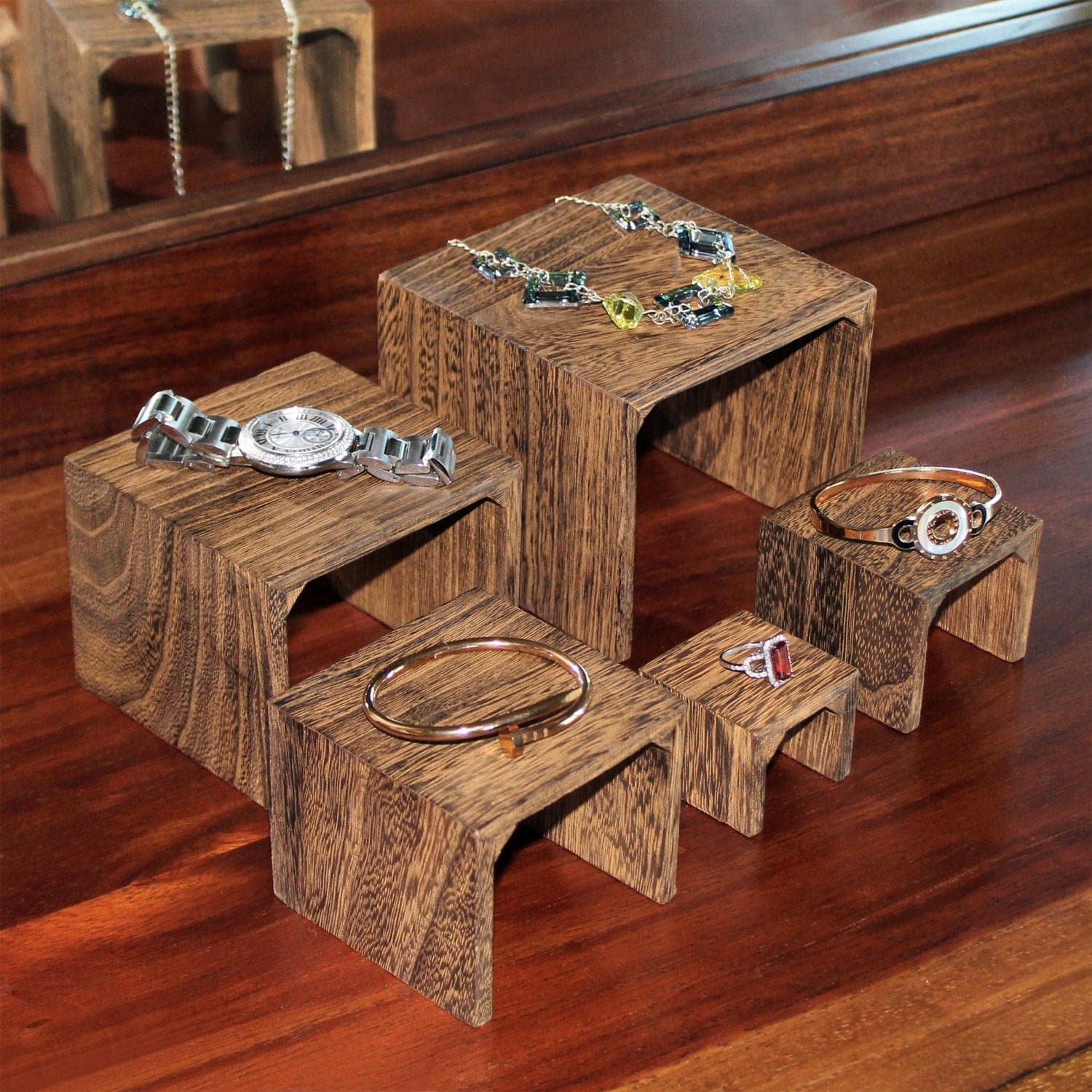 #WD525BR 5 Pieces Wooden Multi Functions Jewelry Display Riser, Brown Color