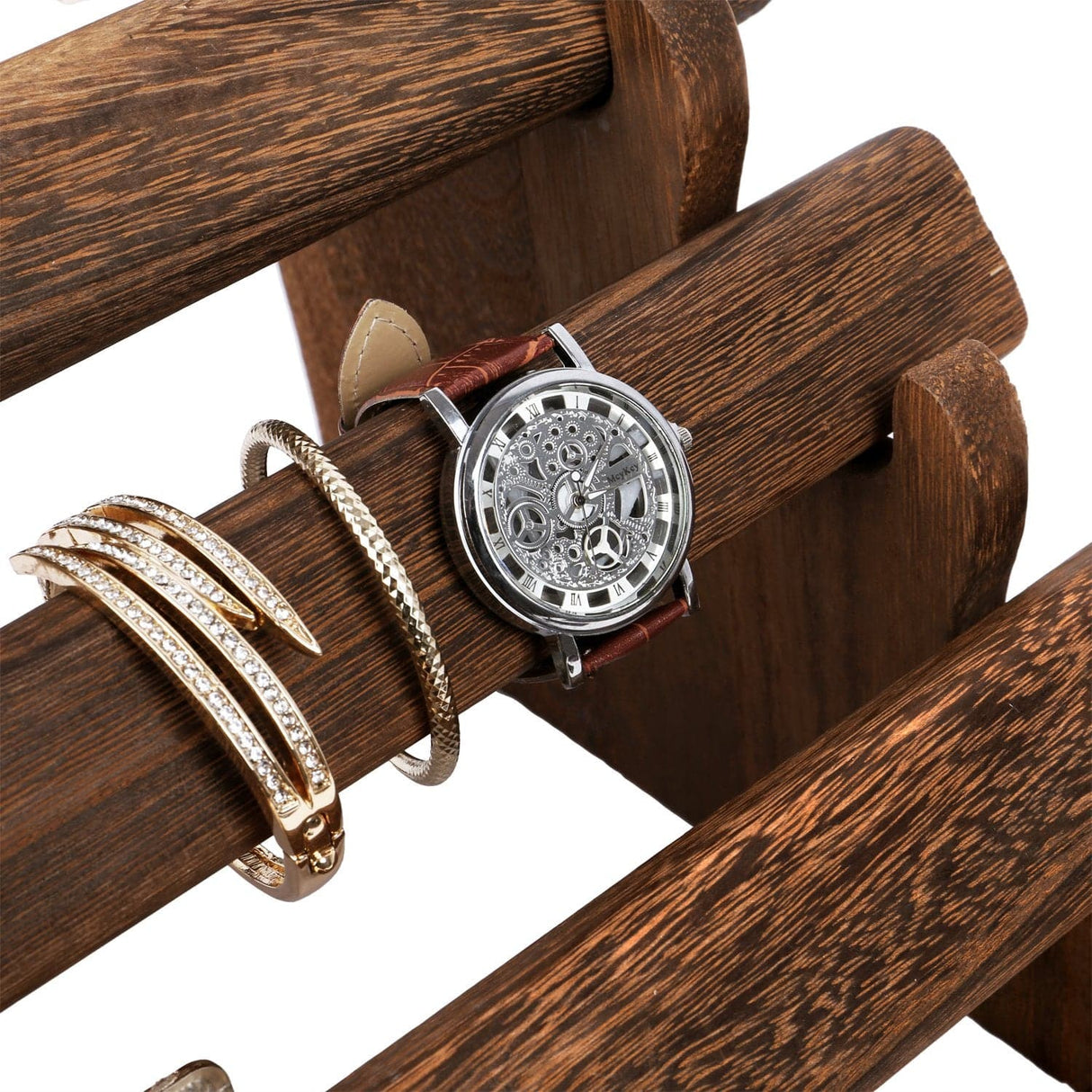 #WD7804BR Oval Shape Wooden 4 Tiered Bracelet Display