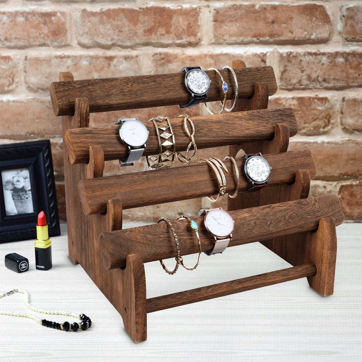 #WD7804BR Oval Shape Wooden 4 Tiered Bracelet Display