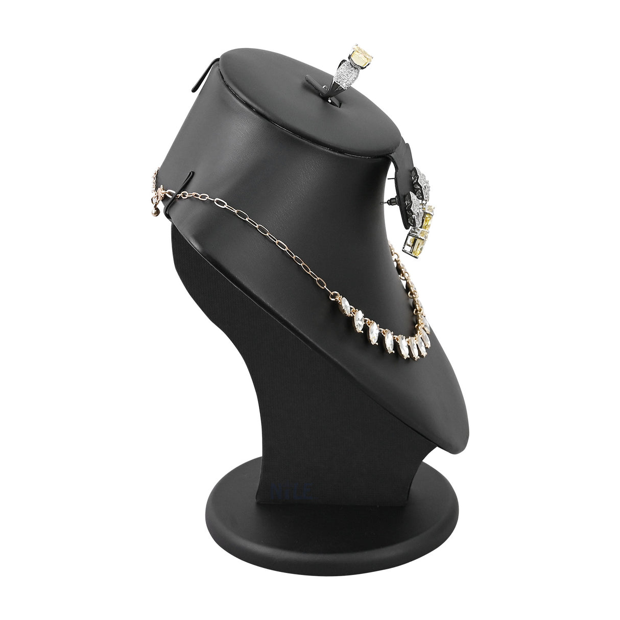 #185-1L-BK Deluxe jewelry Combination bust display with PU leather and designed to showcase earrings, rings, and necklaces