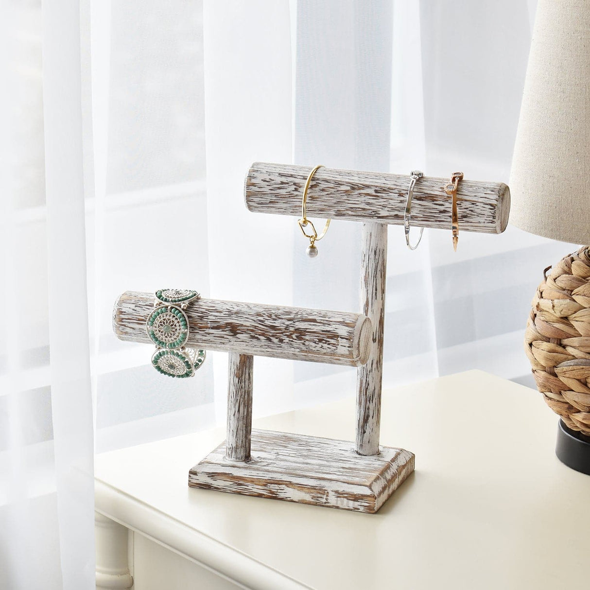 Wooden 2 Tier Bracelet T Bar Jewelry and Watch Display
