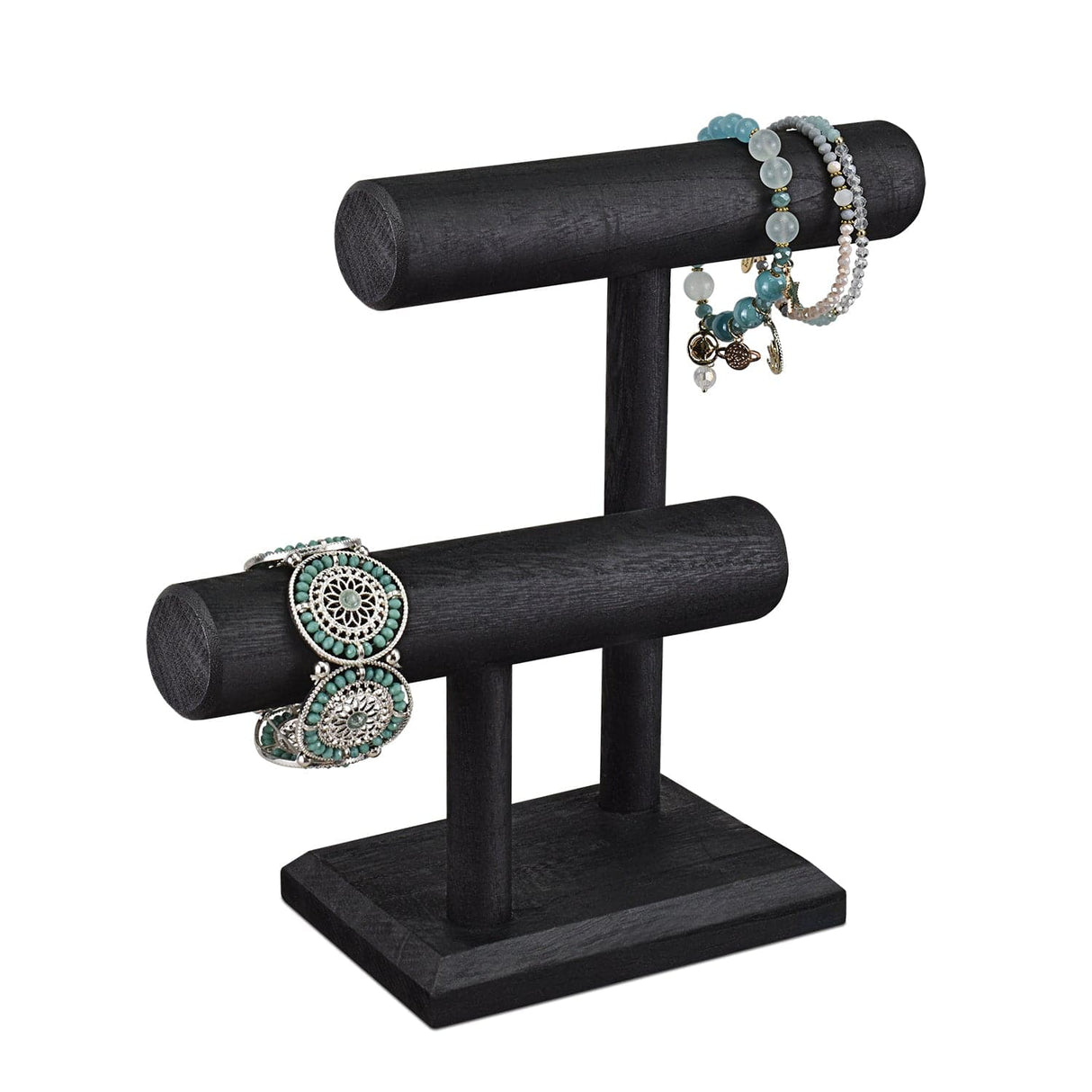 Wooden 2 Tier Bracelet T Bar Jewelry and Watch Display