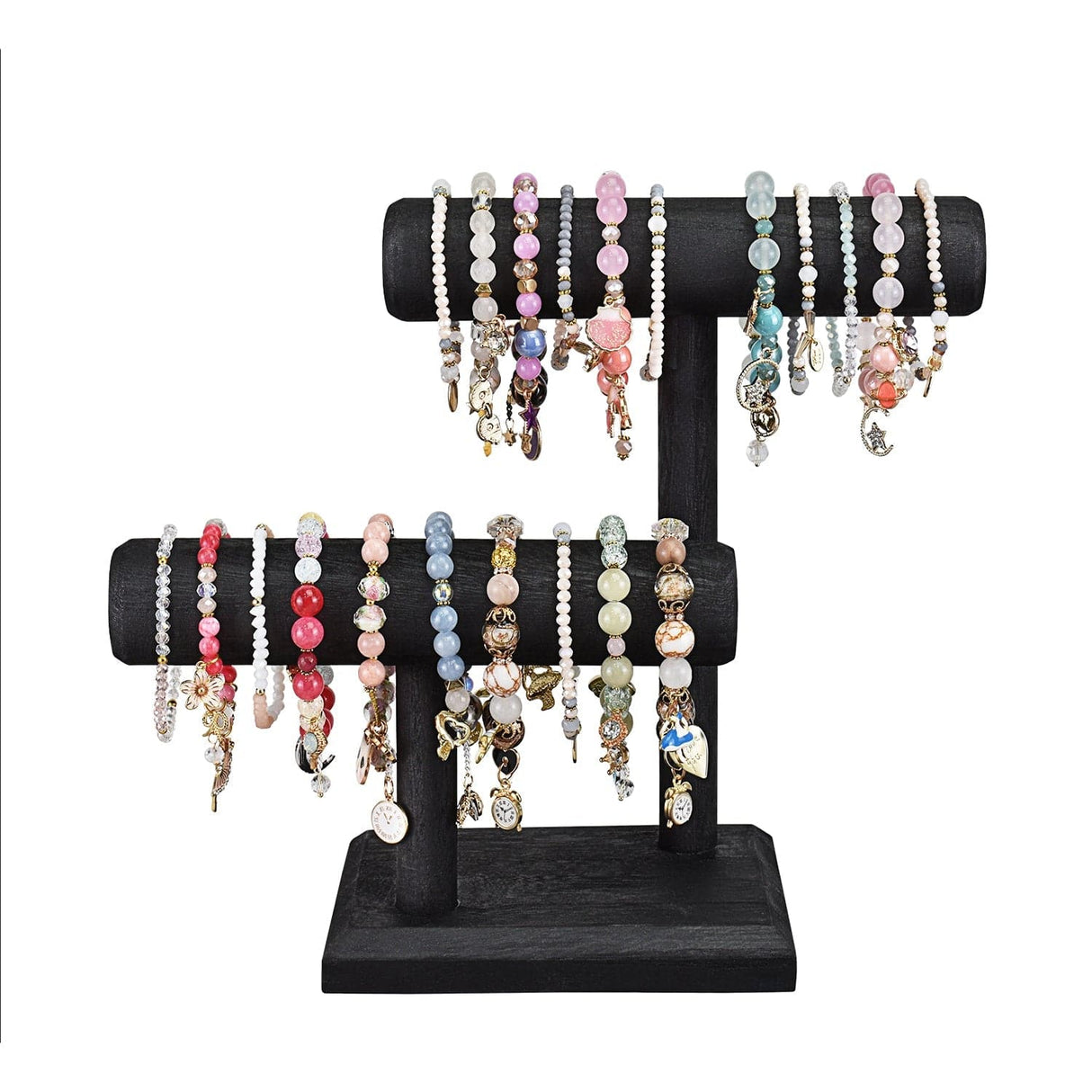 Wooden 2 Tier Bracelet T Bar Jewelry and Watch Display