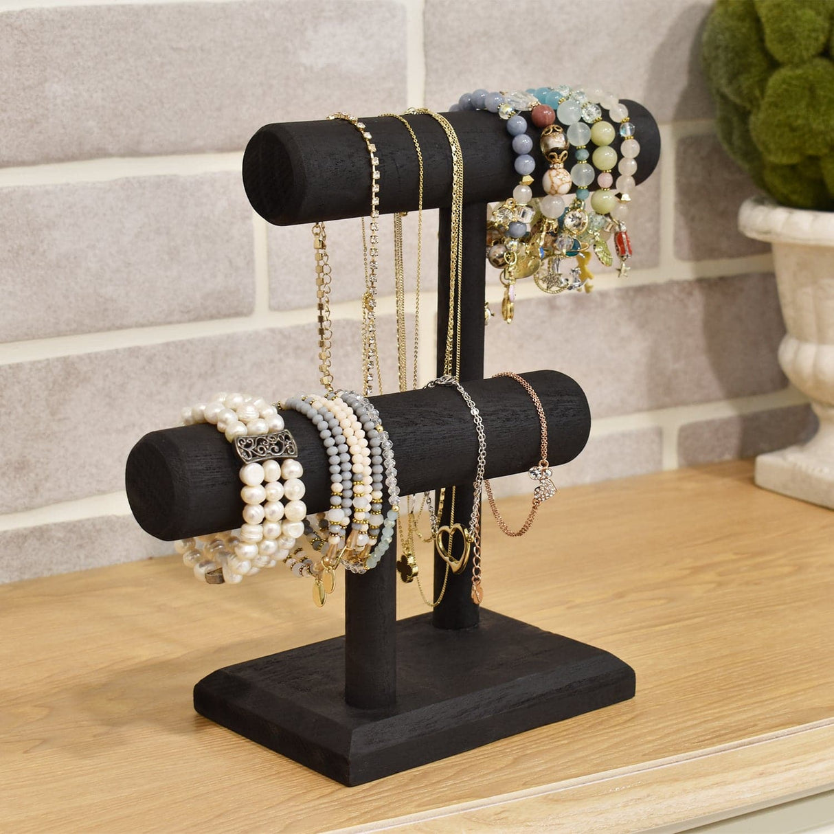Wooden 2 Tier Bracelet T Bar Jewelry and Watch Display