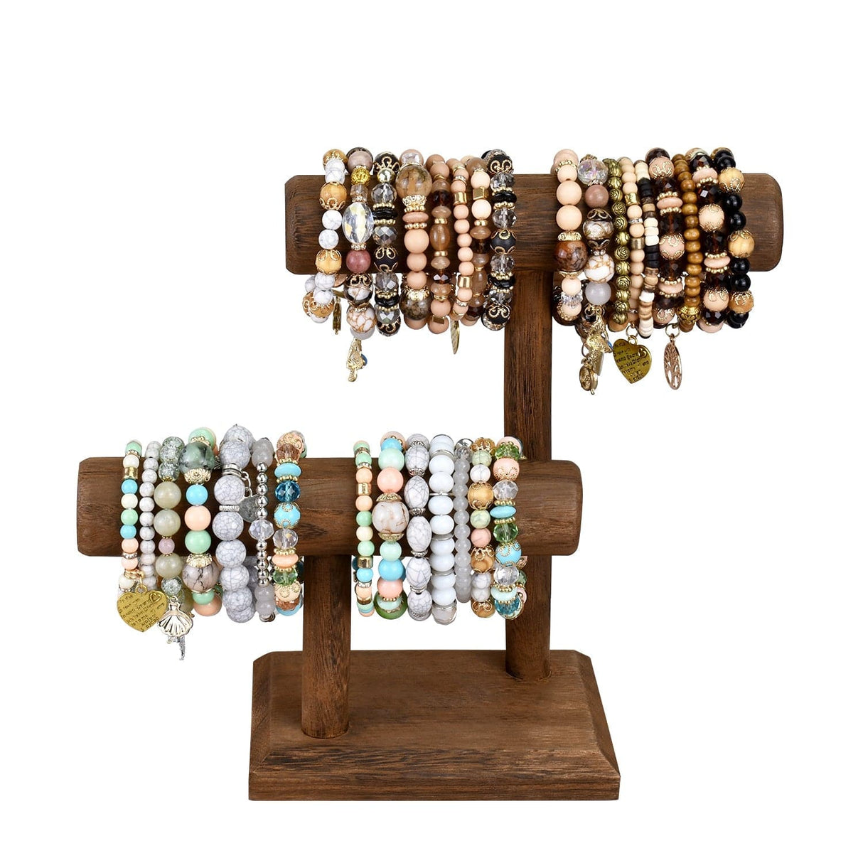 Wooden 2 Tier Bracelet T Bar Jewelry and Watch Display