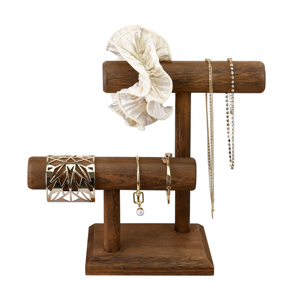 Wooden 2 Tier Bracelet T Bar Jewelry and Watch Display