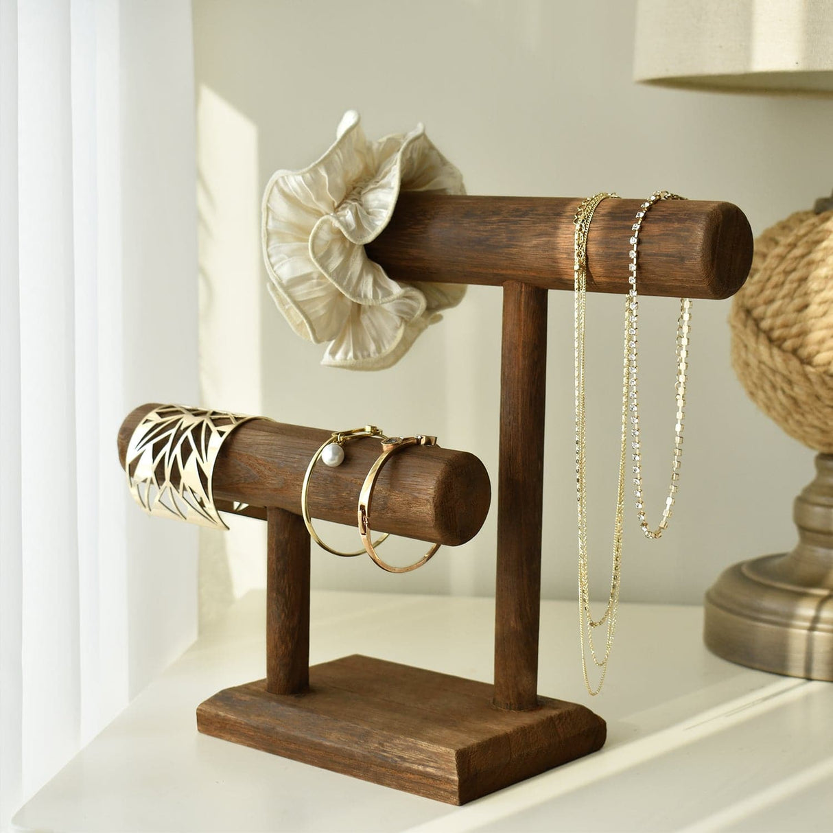 Wooden 2 Tier Bracelet T Bar Jewelry and Watch Display