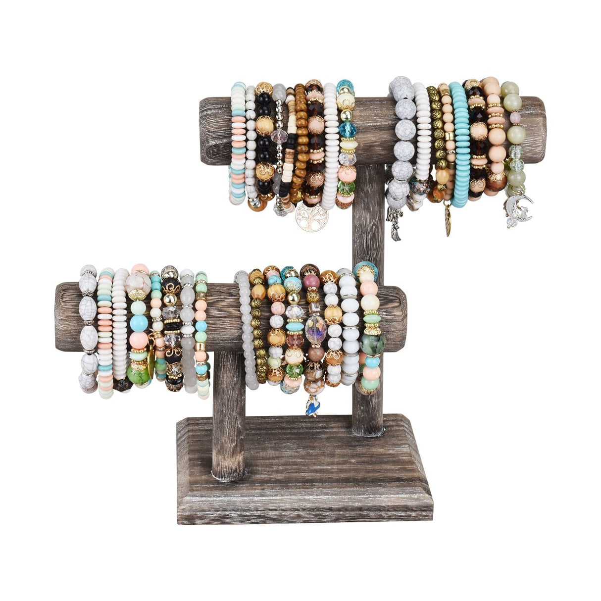 Wooden 2 Tier Bracelet T Bar Jewelry and Watch Display