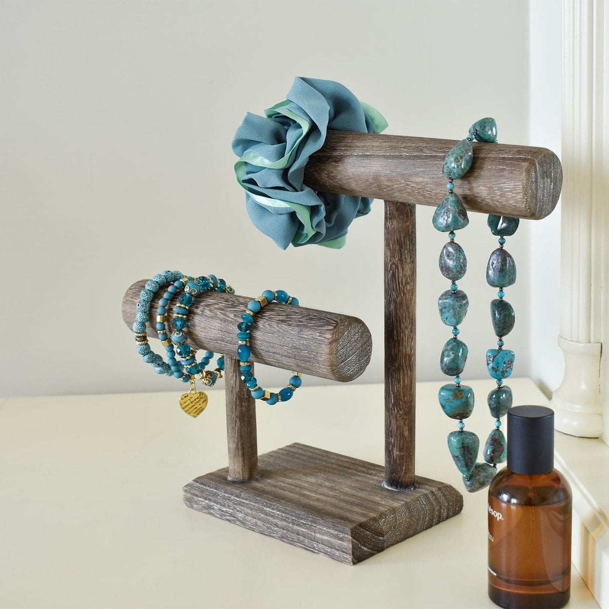 Wooden 2 Tier Bracelet T Bar Jewelry and Watch Display