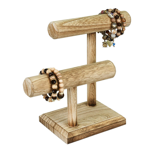 Wooden 2 Tier Bracelet T Bar Jewelry and Watch Display