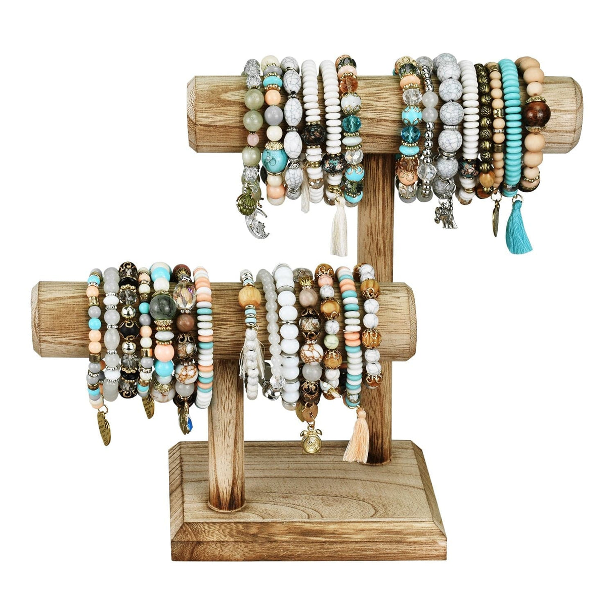 Wooden 2 Tier Bracelet T Bar Jewelry and Watch Display