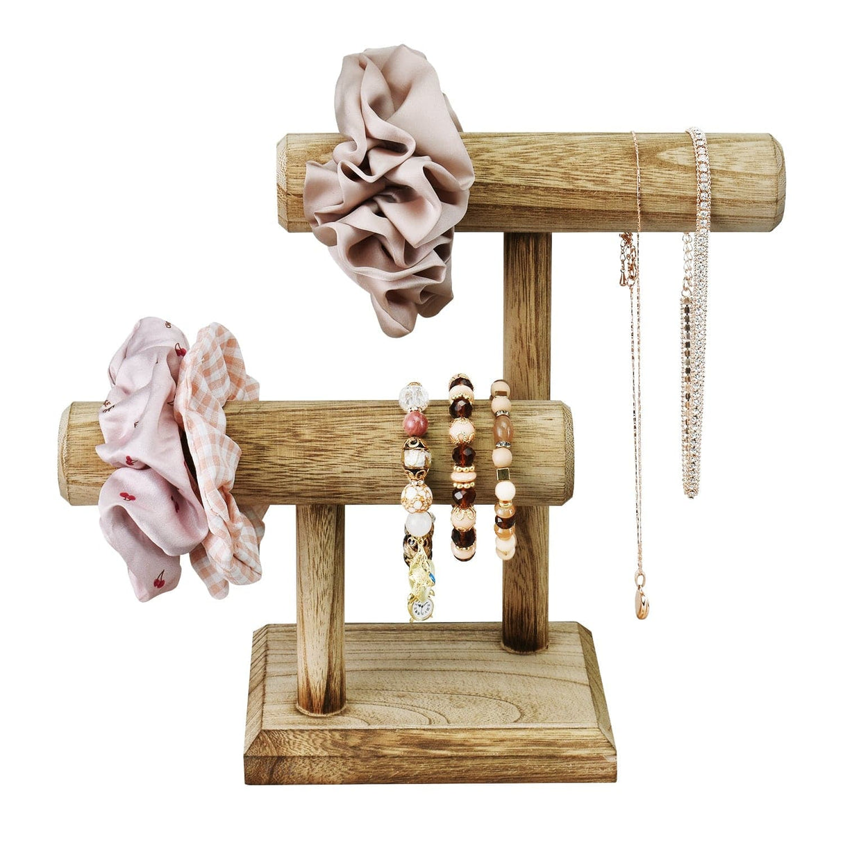 Wooden 2 Tier Bracelet T Bar Jewelry and Watch Display