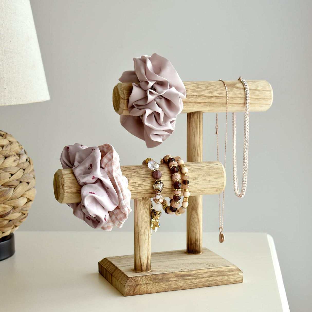 Wooden 2 Tier Bracelet T Bar Jewelry and Watch Display