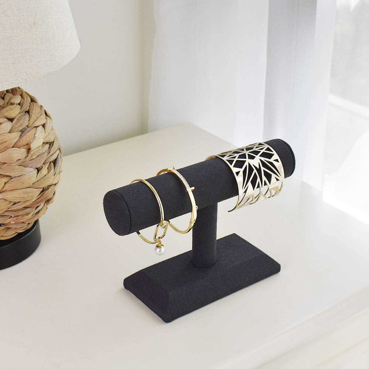 #219-LNBK Linen-Covered Wood Jewelry Display, Black color
