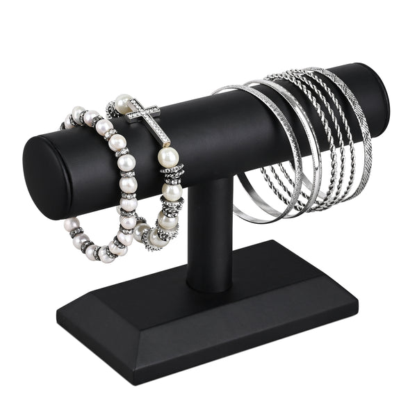 #219L-BK Black Deluxe PU Faux Leather Jewelry Holder Organizer, Wooden Bracelet Holder Stand, T-Bar Display Stand, Black Color