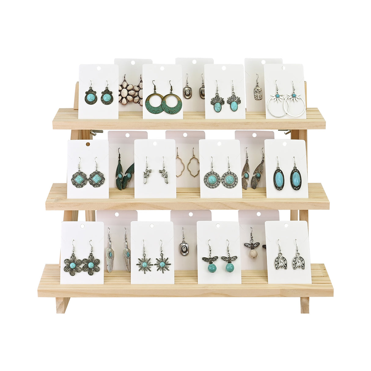 #BW1252  3-Tier Wooden Earring Display,  Freestanding Ladder-Style Multi-Layer Storage Rack