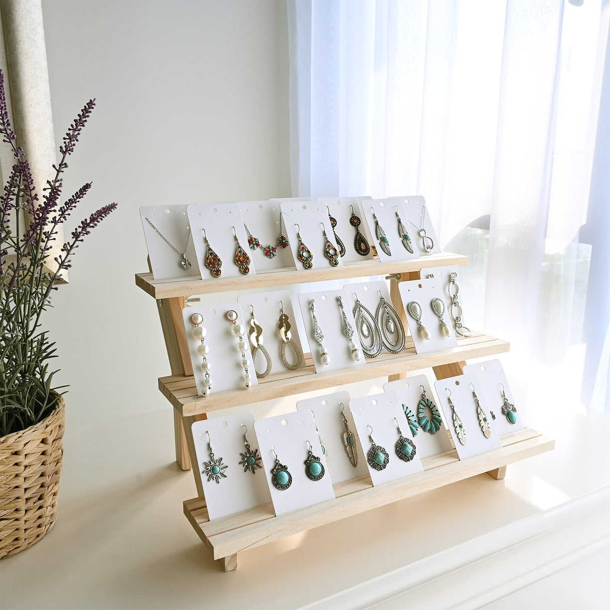 #BW1252  3-Tier Wooden Earring Display,  Freestanding Ladder-Style Multi-Layer Storage Rack