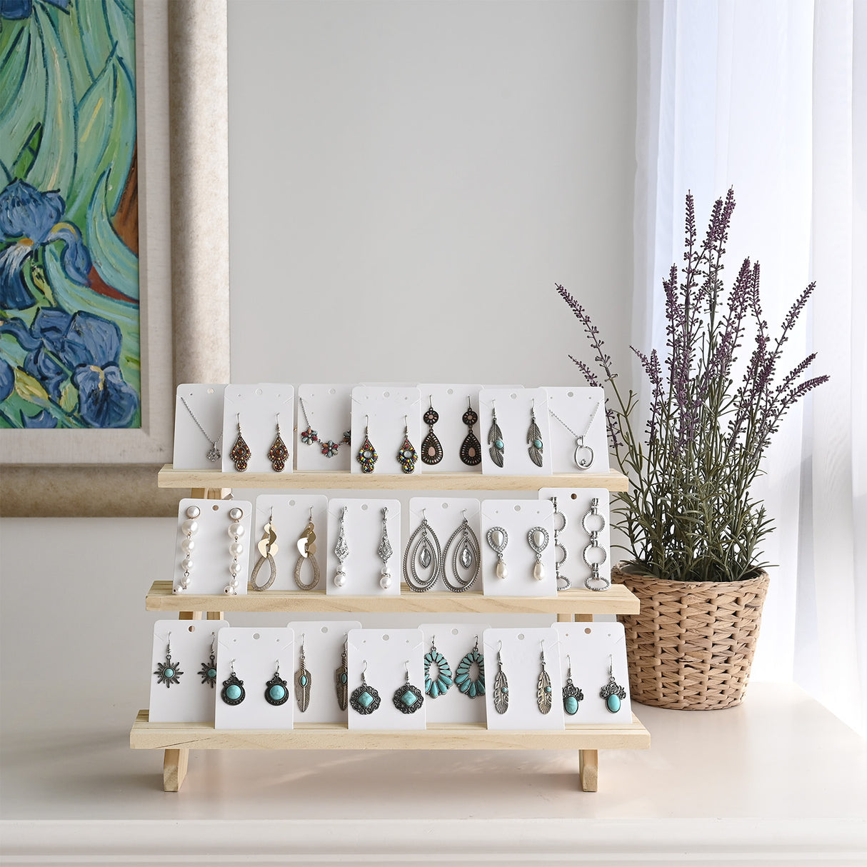 #BW1252  3-Tier Wooden Earring Display,  Freestanding Ladder-Style Multi-Layer Storage Rack