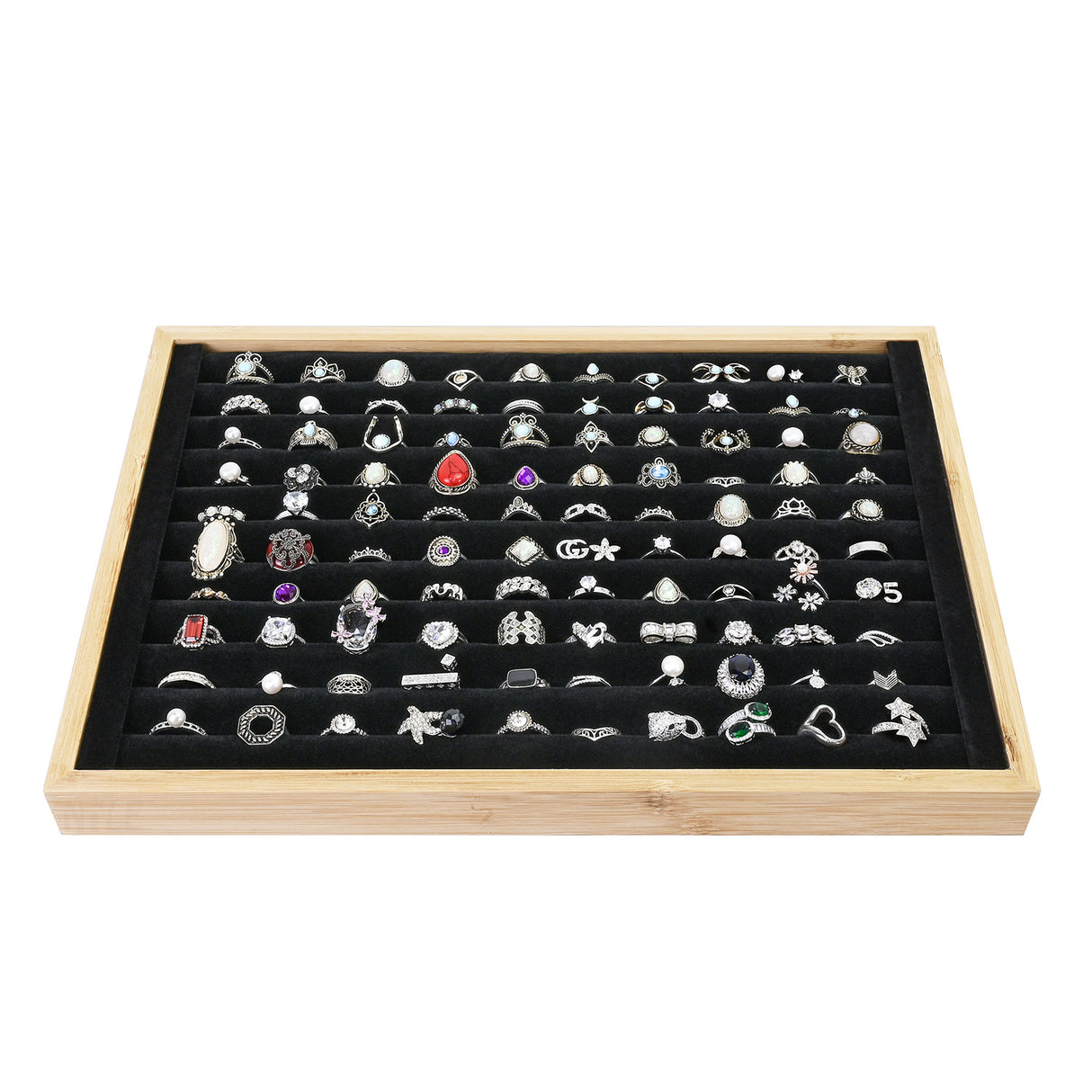 #BW222-1BKx2 2 Pcs Bamboo Ring Display Tray Set with Black Suede Lining