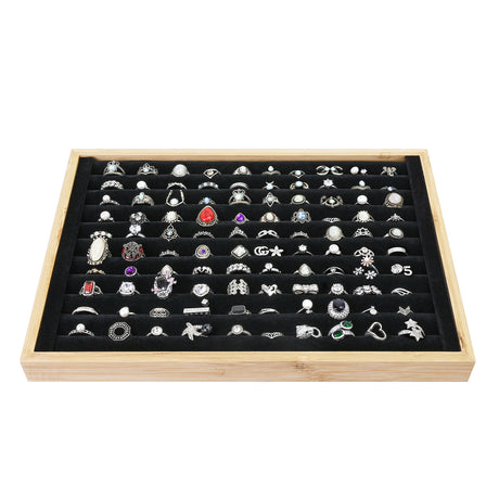 #BW222-1BKx2 2 Pcs Bamboo Ring Display Tray Set with Black Suede Lining