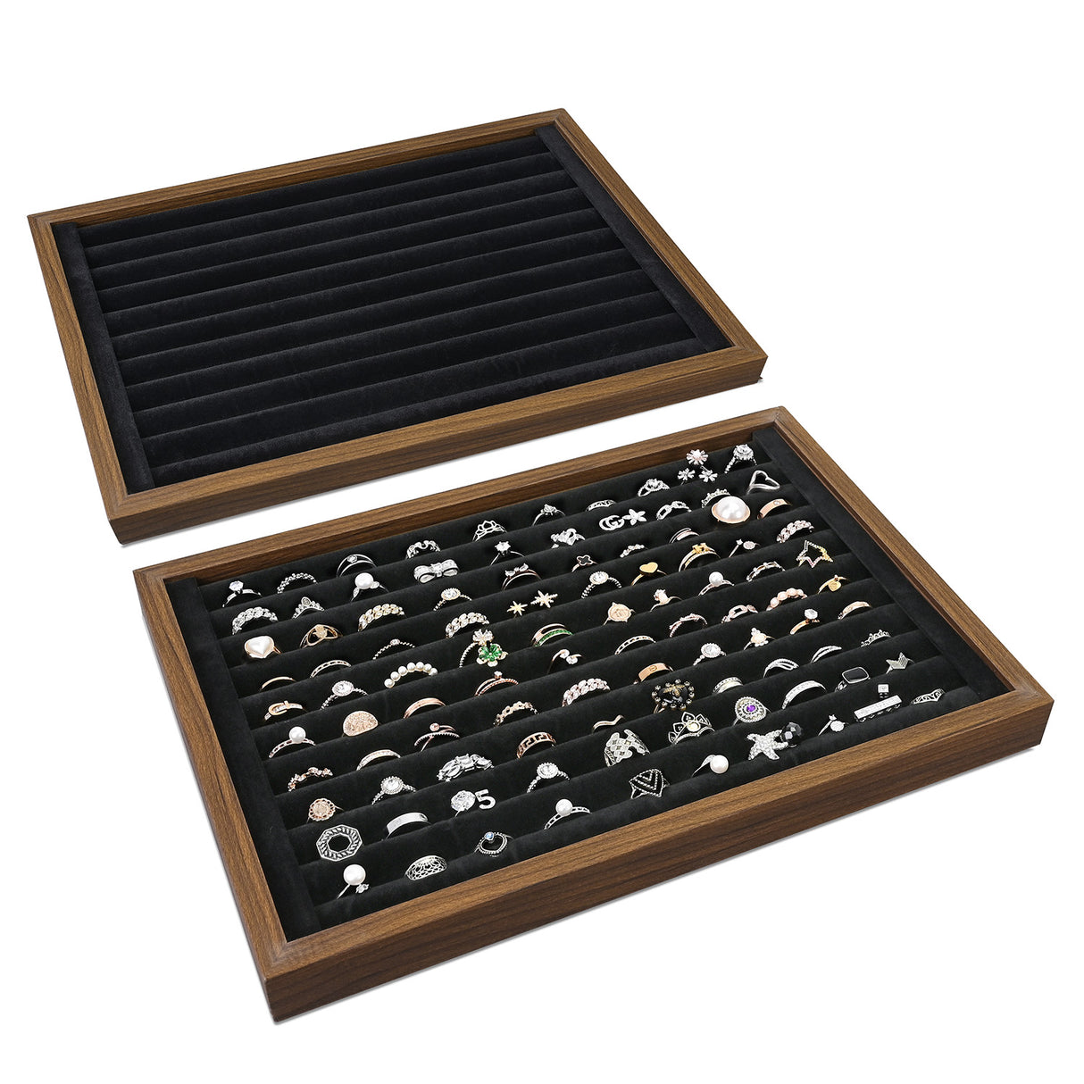 #BW222-1WUBKx2 2 Pcs Wooden Ring Display Tray Set with Black Suede Lining