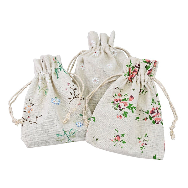 Drawstring Cotton Linen Pouches With Flora Print