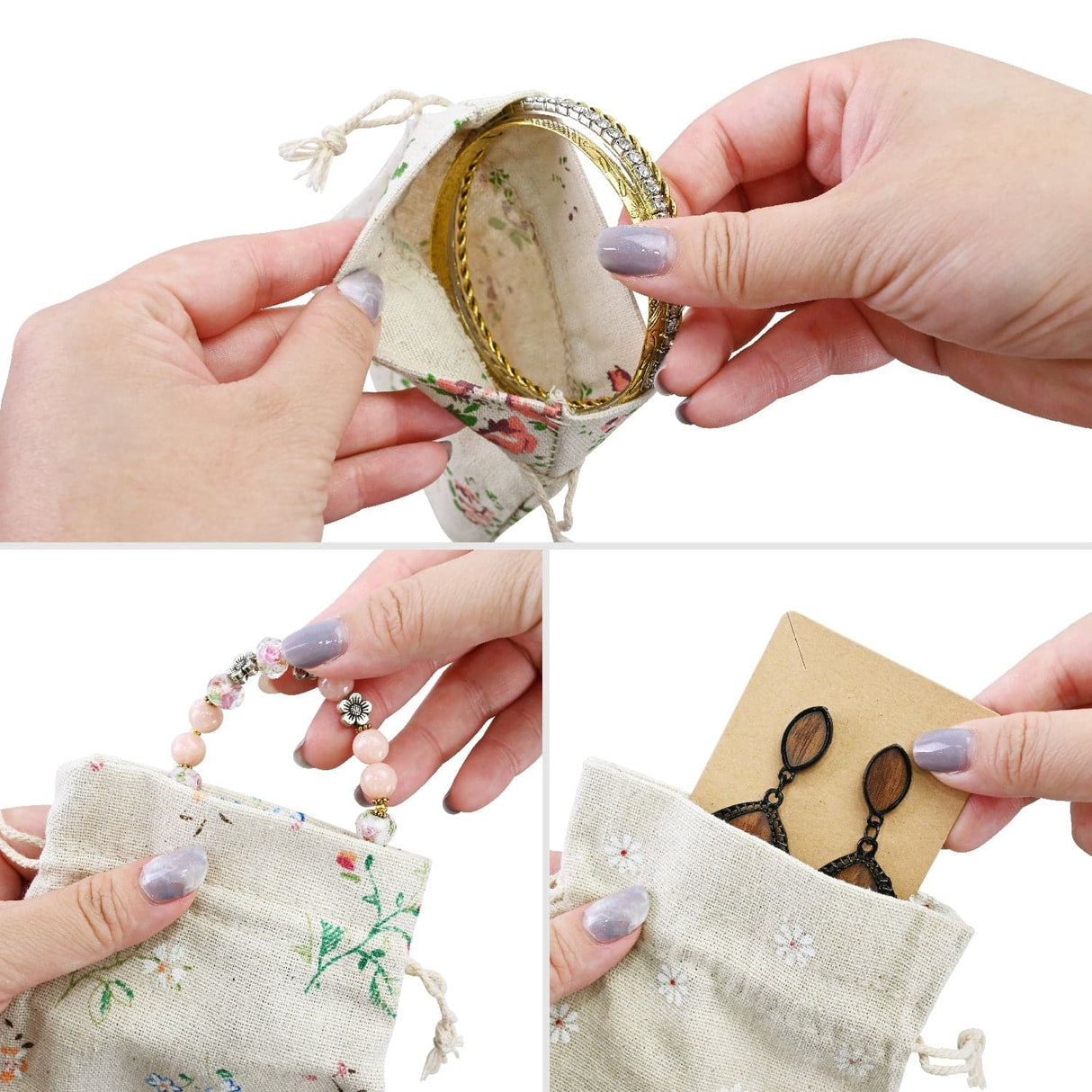 Drawstring Cotton Linen Pouches With Flora Print