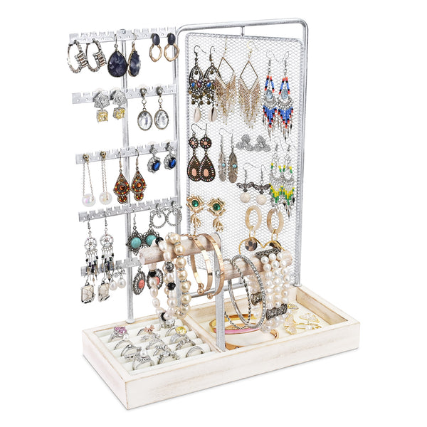 Jewelry Organizer Display, 120 Earrings Organizer, Jewelry Holder with Wooden Tray, White Color