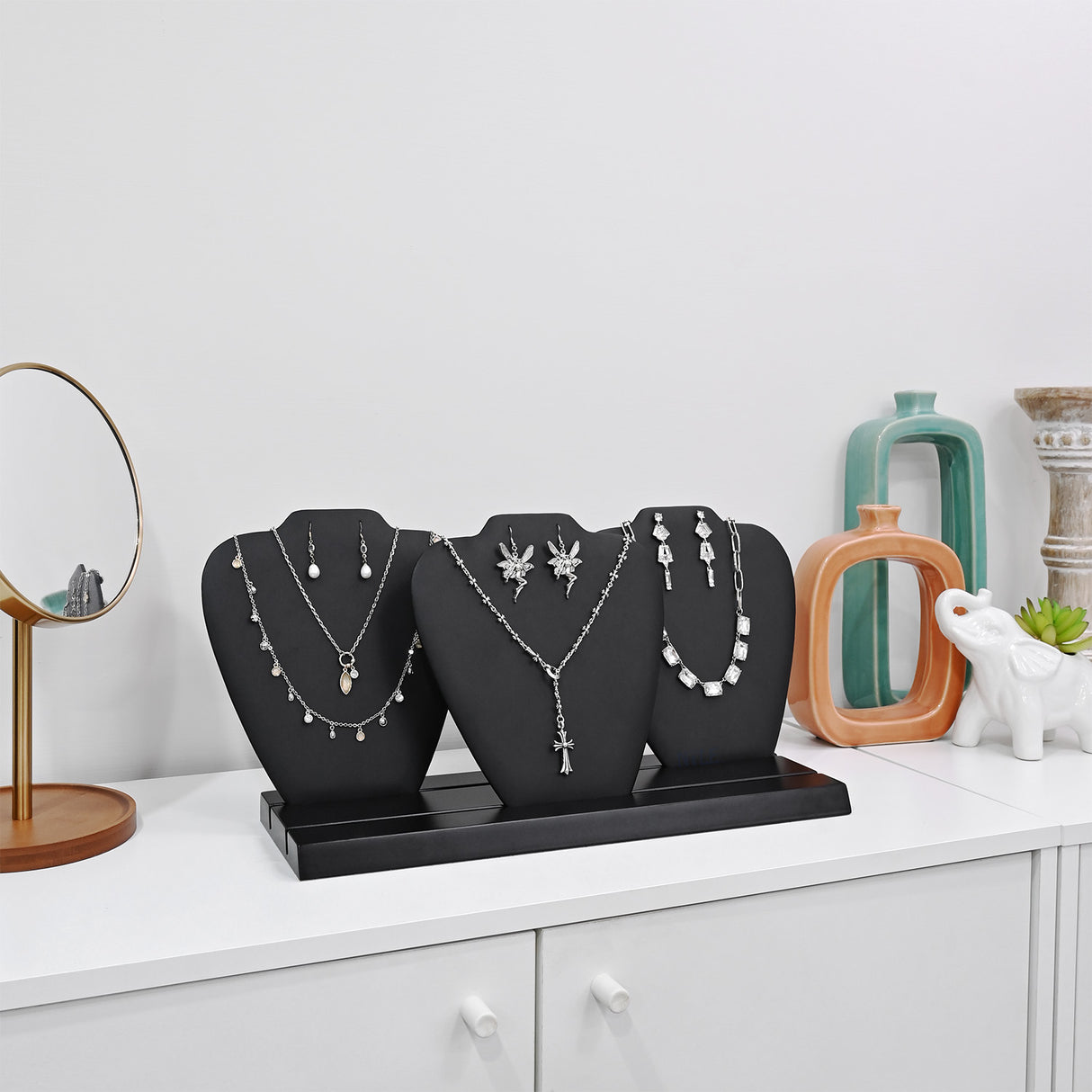 #DP6403 Deluxe Faux Leather Covered MDF Wood Multiple Necklace Display Stand with 2-Row Holder