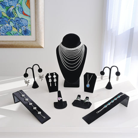9 Pcs Jewelry Display Set, Necklace Display Bust, Bracelet Holder Stand, Black Velvet