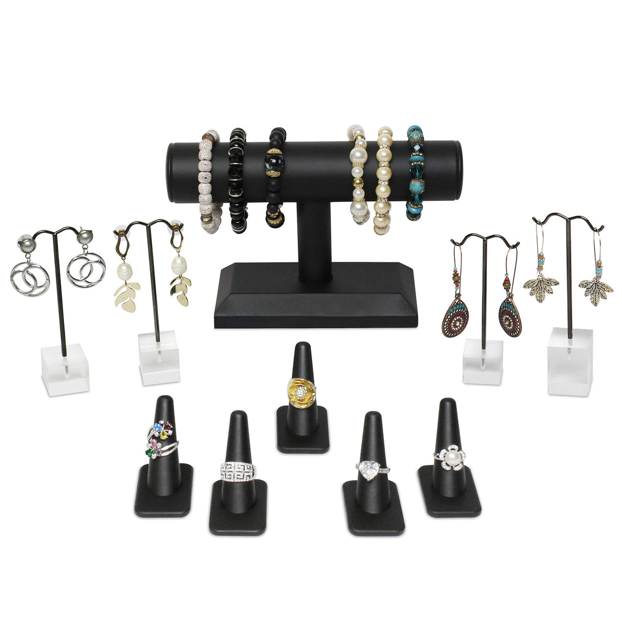 #JWY1306-LBK 10 Pcs Jewelry Display Set, Premium Black Faux Leather