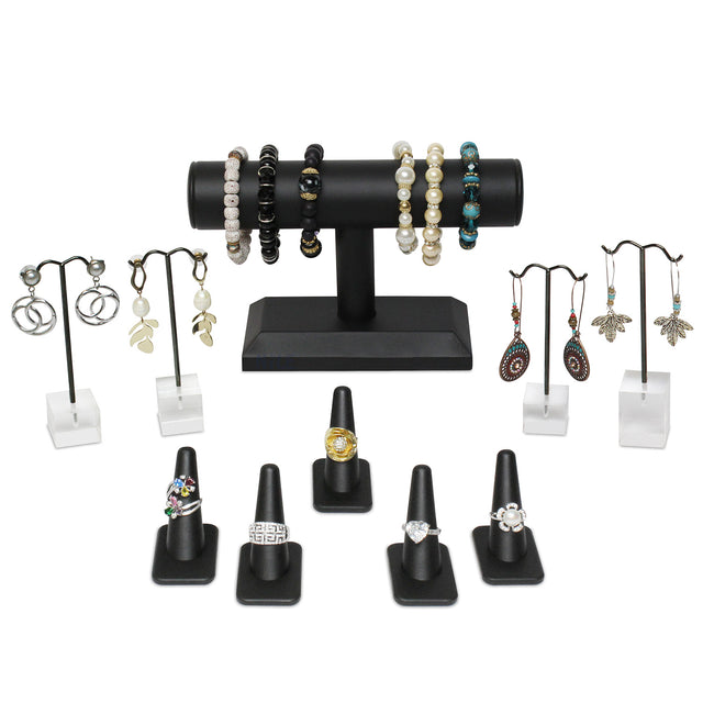 #JWY1306-LBK 10 Pcs Jewelry Display Set, Premium Black Faux Leather