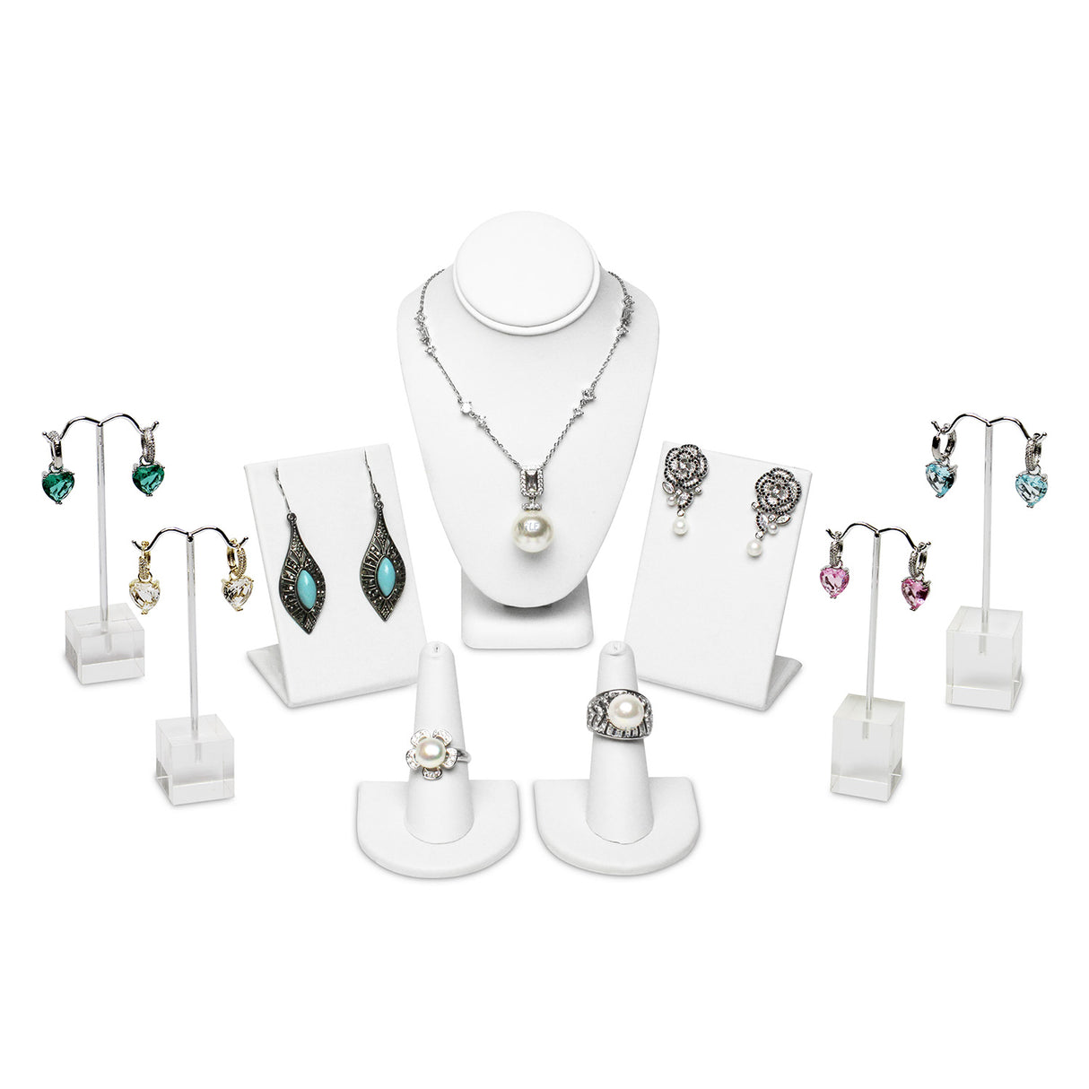 9 Pcs Jewelry Display Set,  Premium White Faux Leather