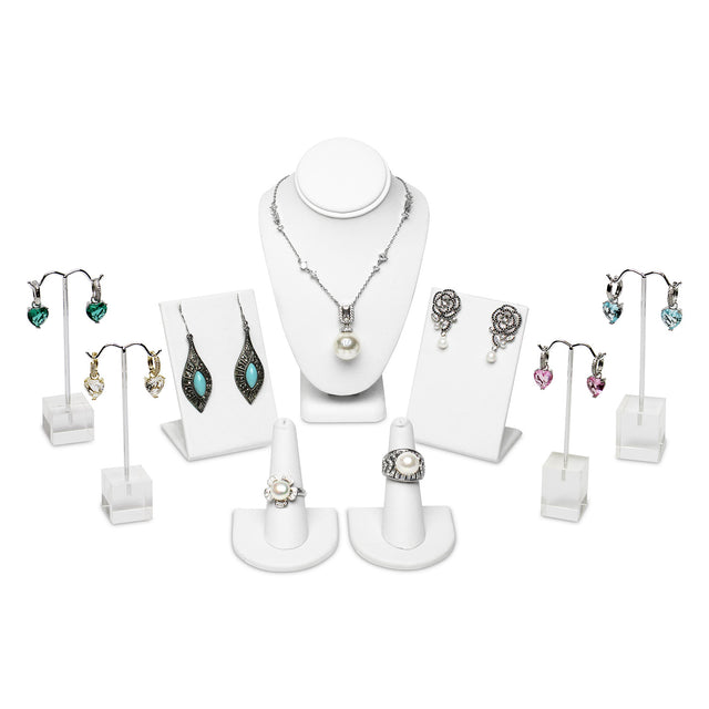 9 Pcs Jewelry Display Set,  Premium White Faux Leather