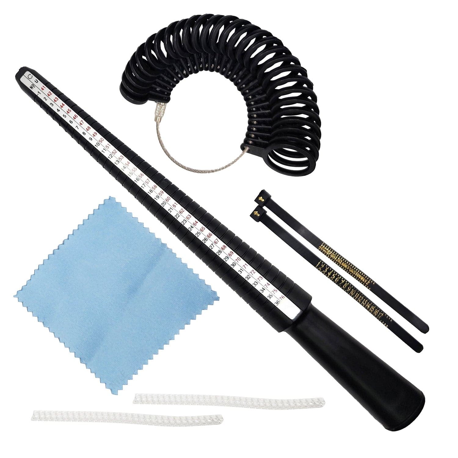 LD08580 Set of 7 Ring Sizing Tools Including 1 Ring Mandrel in Black, 1 US Ring  Sizers, 1 EU Ring Sizers, and 2 Transparent Adjusters for Loose Rings,  Accompanied by 1 Microfiber Polishing Cloth.
