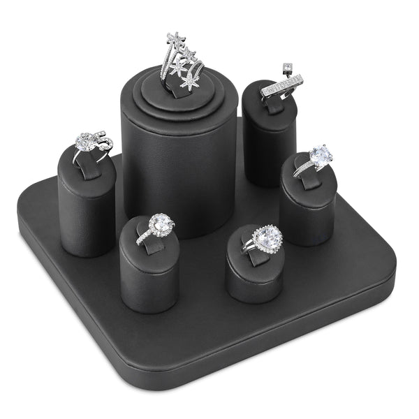 #Set101(BK) Deluxe Jewelry Ring Display 6-Pcs Set, Black Faux Leather