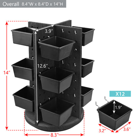 Wooden Rotating Pegboard Display with 12 Bins, Pegboard Storage 