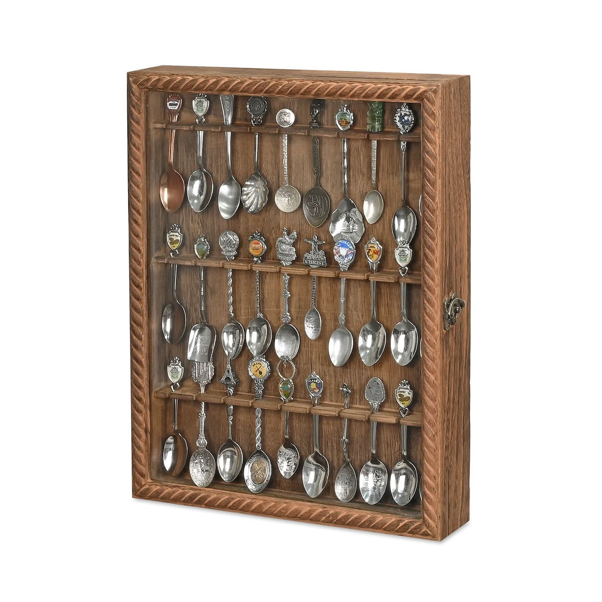 Wooden 30-Souvenir Spoon Display Case Cabinet with Tempered Glass