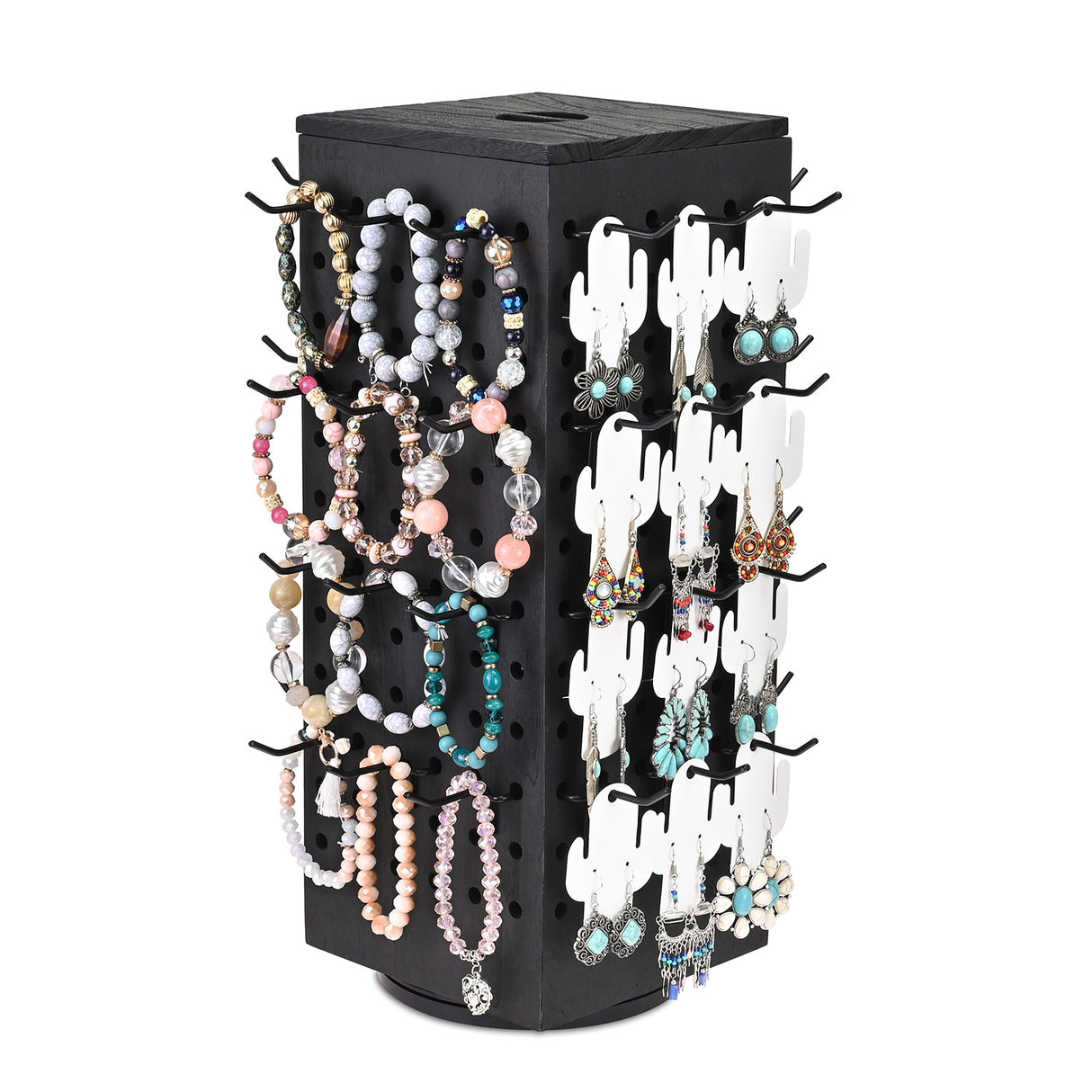 #WD4025 Wooden Rotating Four-Sided Pegboard Jewelry Accessories Rack, Rotating Jewelry Display with a Lid for Large Inner Storage Space, 48 Removable Black Hooks, Brown Color