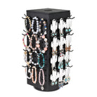 #WD4025 Wooden Rotating Four-Sided Pegboard Jewelry Accessories Rack, Rotating Jewelry Display with a Lid for Large Inner Storage Space, 48 Removable Black Hooks, Brown Color