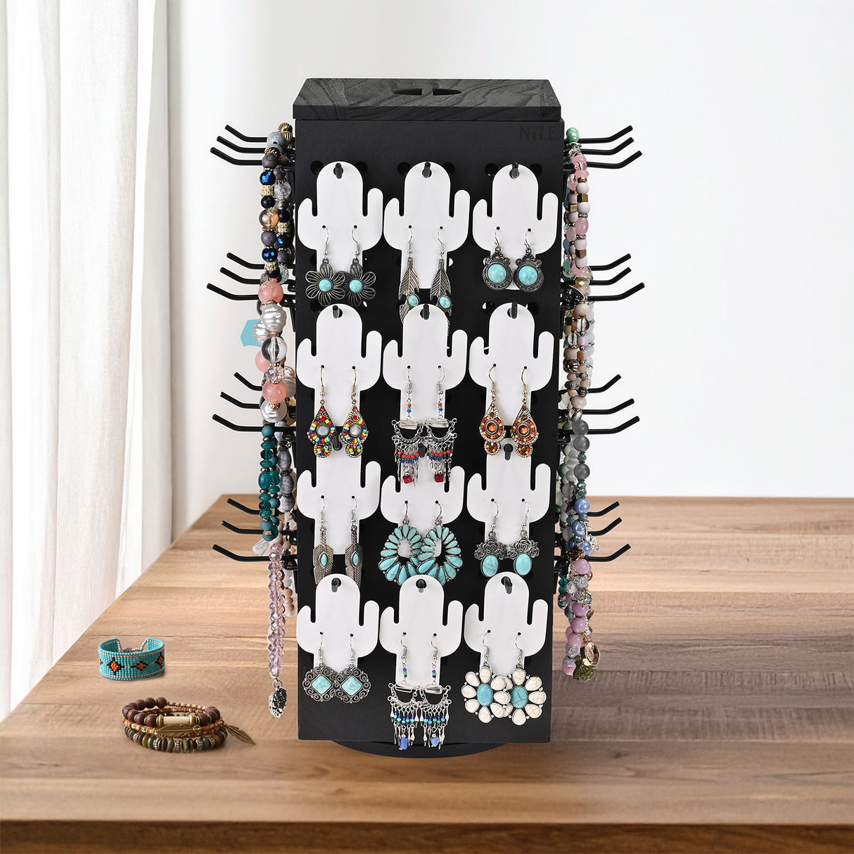 #WD4025 Wooden Rotating Four-Sided Pegboard Jewelry Accessories Rack, Rotating Jewelry Display with a Lid for Large Inner Storage Space, 48 Removable Black Hooks, Brown Color