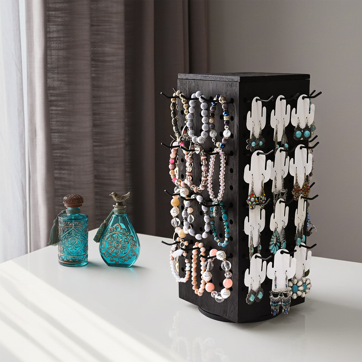 #WD4025 Wooden Rotating Four-Sided Pegboard Jewelry Accessories Rack, Rotating Jewelry Display with a Lid for Large Inner Storage Space, 48 Removable Black Hooks, Brown Color