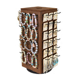 #WD4025BR Wooden Rotating Four-Sided Pegboard Jewelry Accessories Rack, Rotating Jewelry Display with a Lid for Large Inner Storage Space, 48 Removable Black Hooks, Brown Color