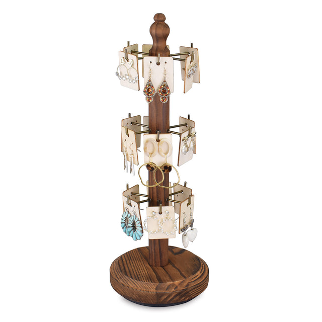 #WD5036BR 360 Degree Rotatable Wooden Jewelry Display Stand,Earring Card Holder with 18 Hooks, Brown Color