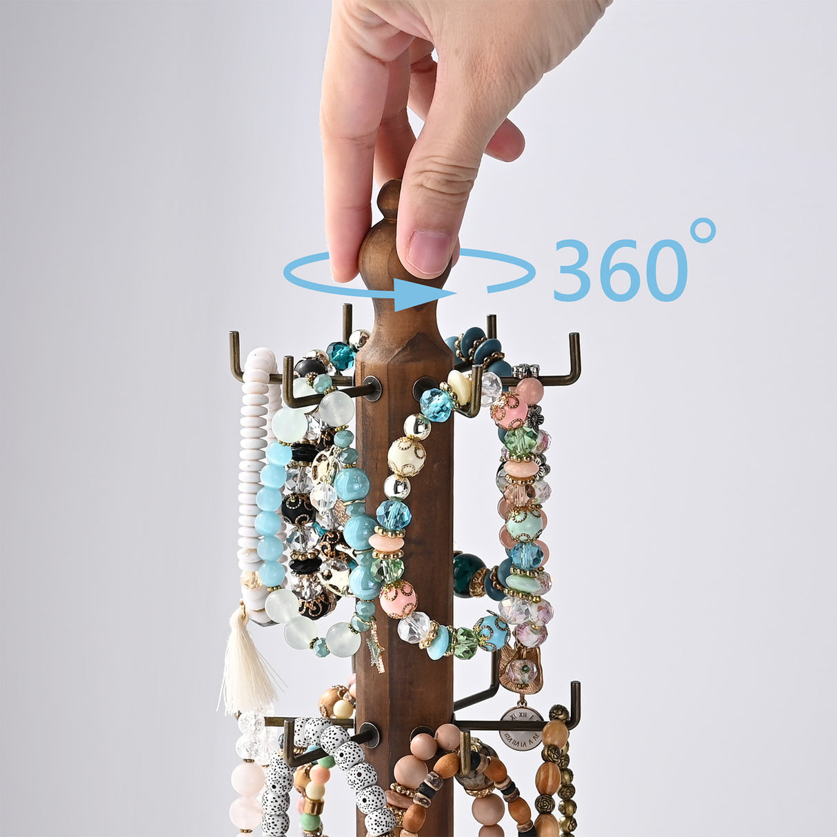 #WD5036BR 360 Degree Rotatable Wooden Jewelry Display Stand,Earring Card Holder with 18 Hooks, Brown Color