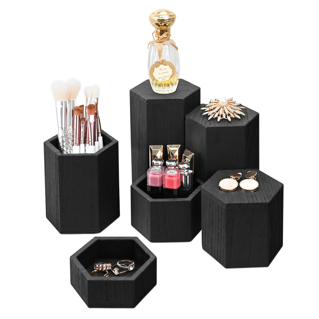 #WD5136 Wooden 6 Pcs Hexagonal Risers, Brown Color