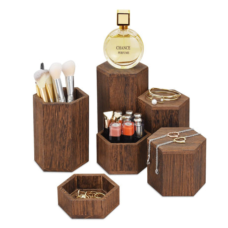 #WD5136 Wooden 6 Pcs Hexagonal Risers, Brown Color