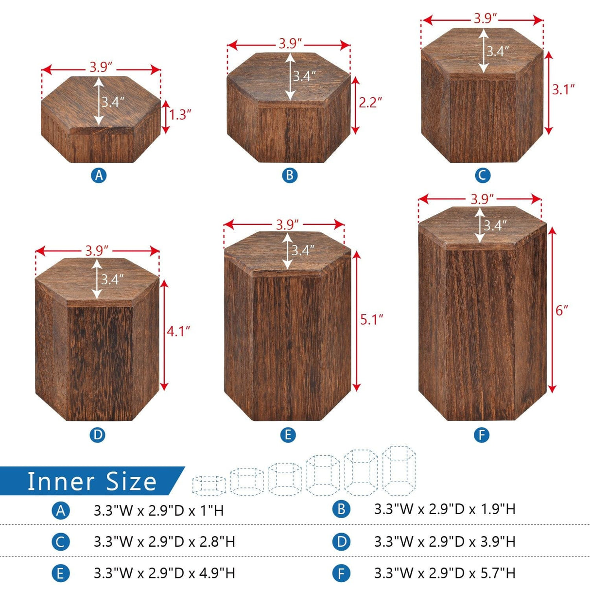 #WD5136 Wooden 6 Pcs Hexagonal Risers, Brown Color