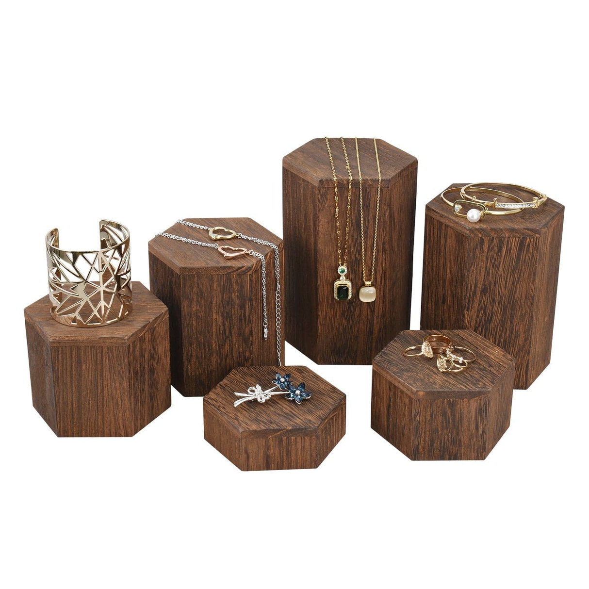 #WD5136 Wooden 6 Pcs Hexagonal Risers, Brown Color